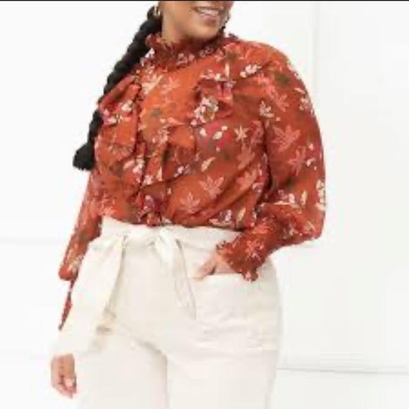 Eloquii burnt orange floral print ruffle blouse - Picture 1 of 6